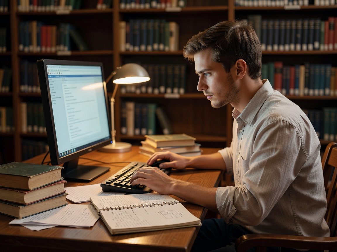 Academic student working on research computer screen