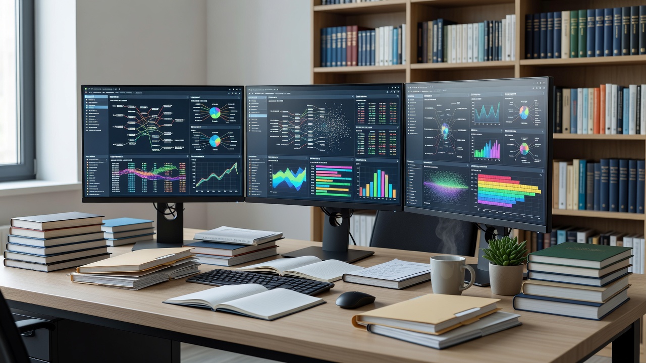 Systematic literature review academic workspace with multi monitor setup