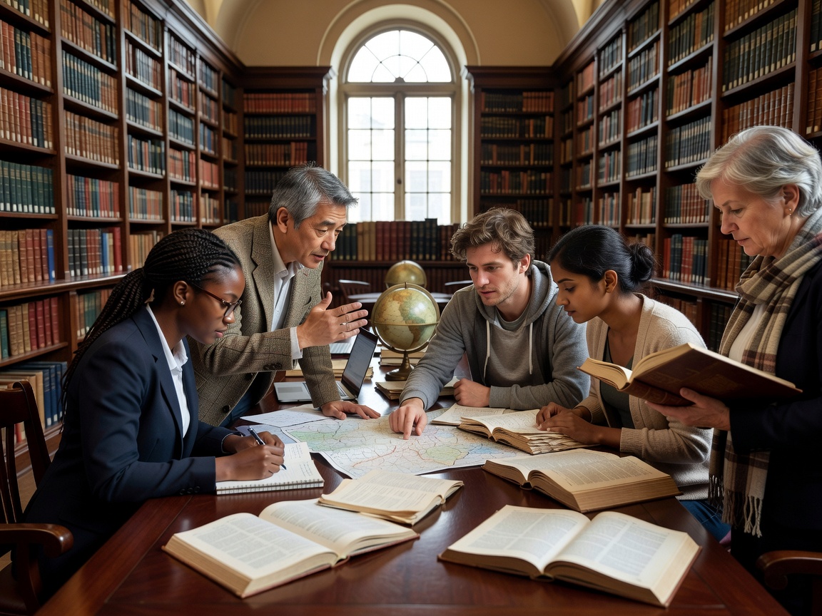 Team of academic researchers in library discussion on AI ethics
